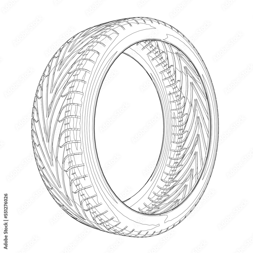 Outline of a car tire from black lines isolated on a white background. Side view. 3D. Vector illustration. Outline of a car tire from black lines isolated on a white background. Side view. 3D. Vector illustration.