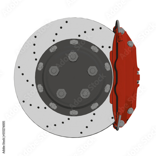 Polygonal model of a car brake disc with a red brake pad isolated on a white background. Front view. 3D. Vector illustration.