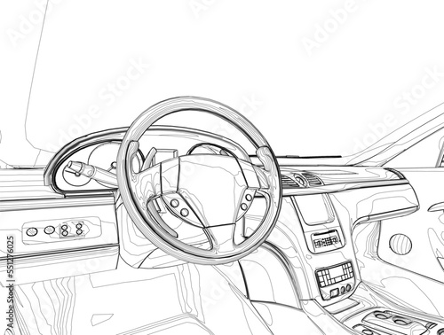 The contour of the car interior inside from black lines isolated on a white background. View from the front seat. 3D. Vector illustration.