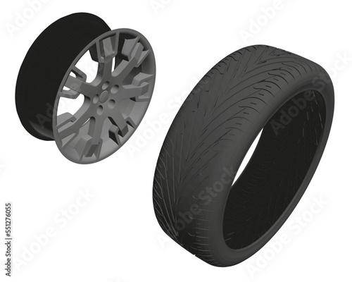 Polygonal model of a car wheel disassembled into a tire and disk isolated on a white background. Isometric view. 3D. Vector illustration.