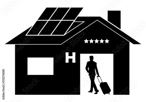 Símbolo o icono de alojamiento turístico. Hotel de cinco estrellas con placas solares y ejecutivo con equipaje entrando