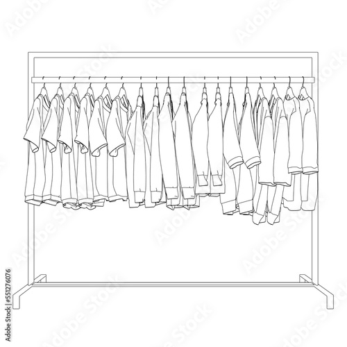 Outline of clothes on a hanger made of black lines isolated on a white background. Clothes hang in a row on a hanger. Side view. 3D. Vector illustration.