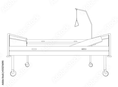 Outline of a hospital bed from black lines isolated on a white background. Side view. 3D. vector illustration.
