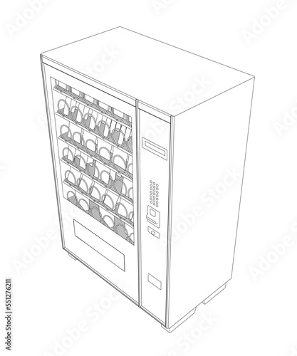 Outline of a vending snack machine from black lines isolated on a white background. Isometric view. 3D. Vector illustration.