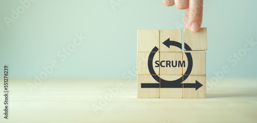 SCRUM, agile development methodology concept. Task sprint teamwork methodology. Adaptable, fast, flexible and effective agile framework. Scrum roles, product owner, scrum master and scrum team. photo