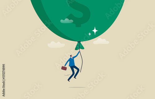 Money Inflation. Economic risk or investment bubble. Businessman flying high with a inflated balloon. illustration