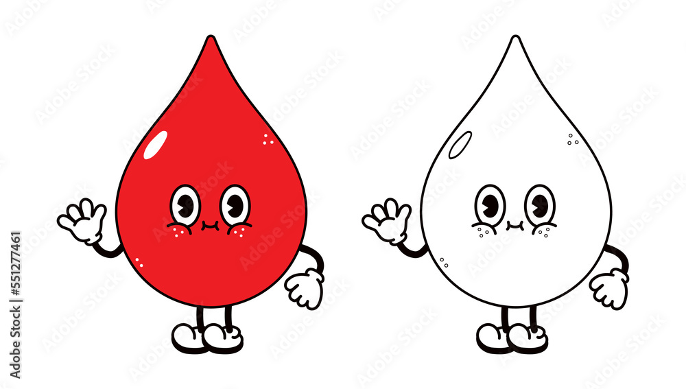 Cute funny blood drop waving hand character outline cartoon illustration for coloring book. Vector blood drop hand drawn traditional cartoon vintage, retro, character. Isolated white background Cute funny blood drop waving hand character outline cartoon illustration for coloring book. Vector blood drop hand drawn traditional cartoon vintage, retro, character. Isolated white background