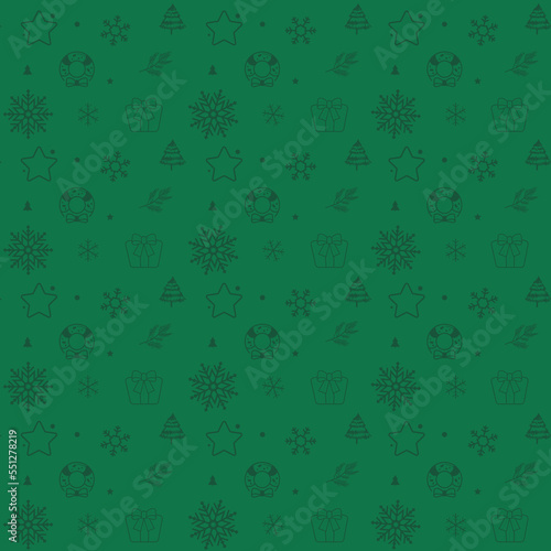 Christmas seamless pattern with decoration elements on green background