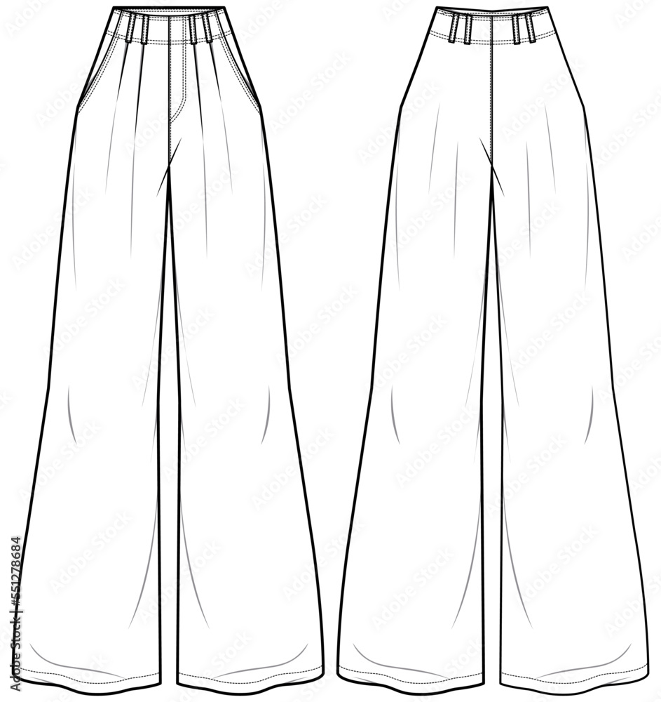 Women's flare pants trouser flat sketch fashion illustration drawing front and back view, Wide