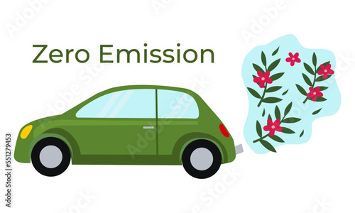 Green car with flowers, zero emission concept, zero net, flat vector illustration