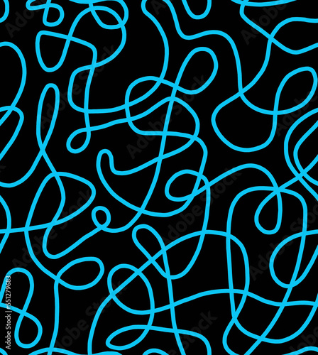 Abstract drawing with blue lines on a black background.Seamless pattern. 