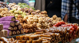 Traditional Turkish delight On Counter In Istanbul Grand Bazaar. Dessert shop at grand bazar baklava ramadan