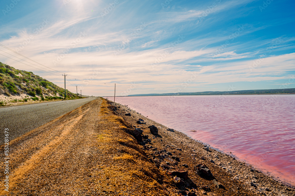 Pink lake road side in Australia. Salty lake