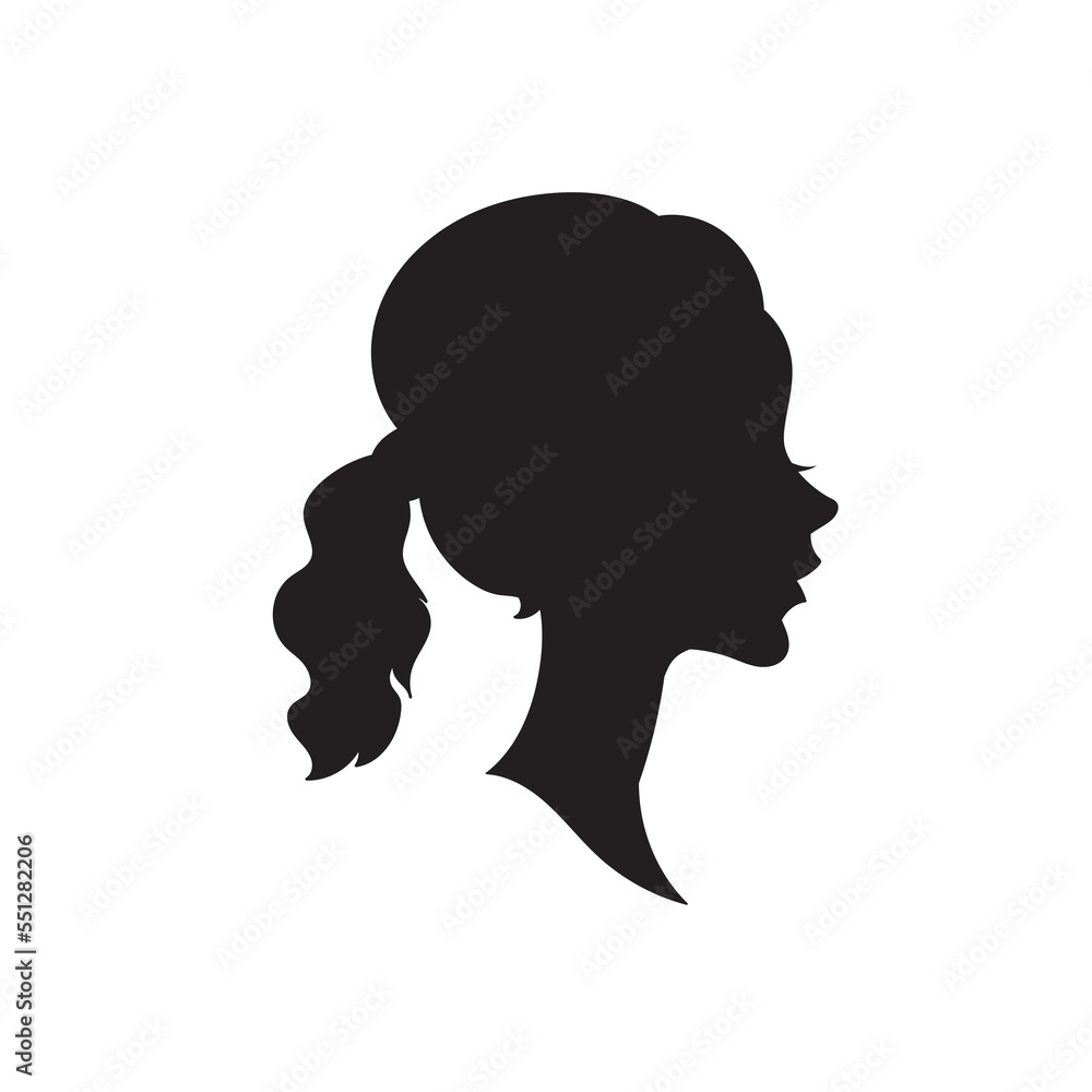 Woman head vector silhouette, side view. vignette. Hand drawn vector illustration, isolated on white background. Design for salon hair style logo.