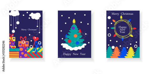 Colorful Christmas and New Year greeting card set. Colorful Christmas tree  garland  gift boxes and snowflakes on dark blue background.