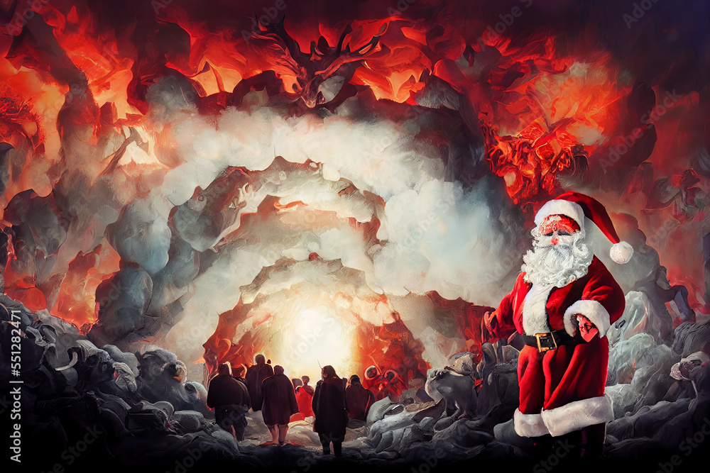 Christmas in hell, santa claus is lucifer himself at the gates of fire, scary, horror style,  - obrazy, fototapety, plakaty 
