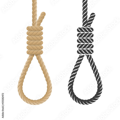 Rope hanging loop. Vector illustration of rope noose with hangman knot. Death penalty by hanging. photo