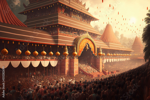 AI generated image of the Thrissur Pooram elephant festival in Kerala, India. Decorated temple elephant