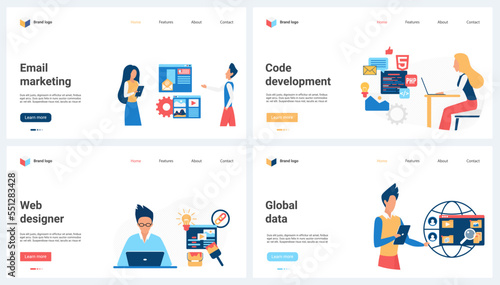 Email marketing, web design and application code development and creation, big data research set vector illustration. Cartoon tiny people engineering algorithms of software, coding program online