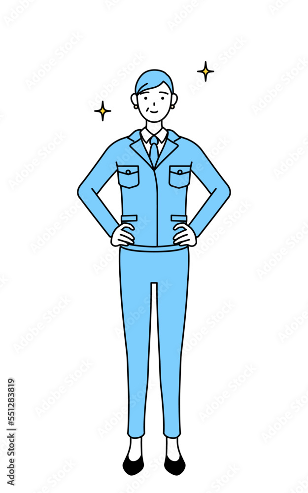 両手を腰に当てた作業着を着たシニア女性（経営者、管理職、工場長）