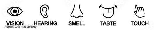 Set of five human senses vector icons on white background. Vision, hearing, smell, taste, touch - organ senses. Black lines icons.