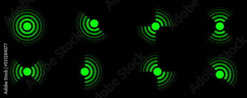 Set of green radar on black background. Search of target. Military display or screen. Signal detect target. Sonar sound wave.