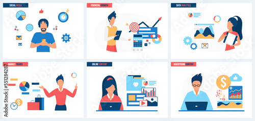 Financial growth analytics, advertising market trends and social media marketing, online content development set vector illustration. Cartoon tiny people work with statistic data charts, reports