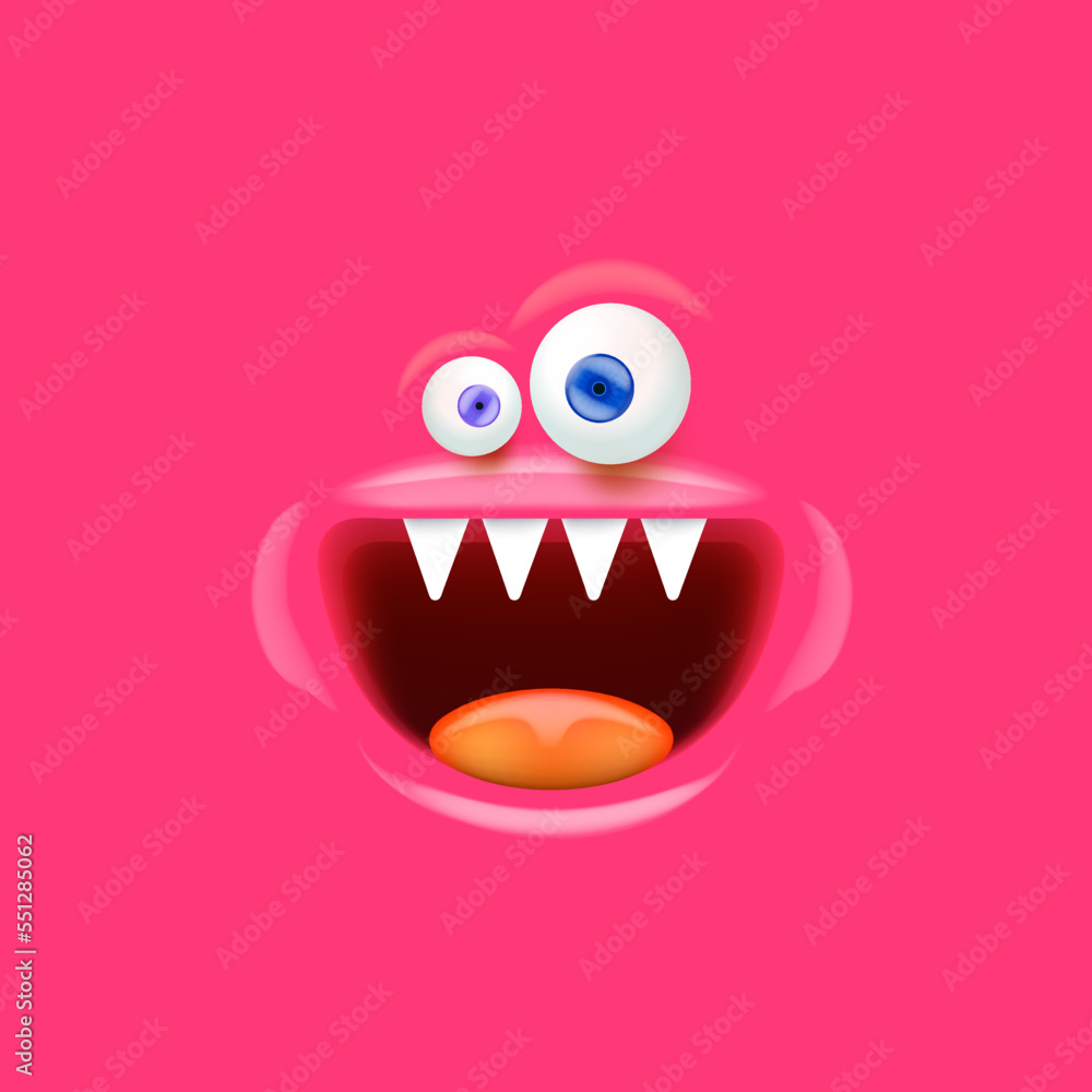 Vector funny pink monster face with open mouth with fangs and eyes isolated on pink background. Halloween cute and funky monster design template for poster, banner and tee print