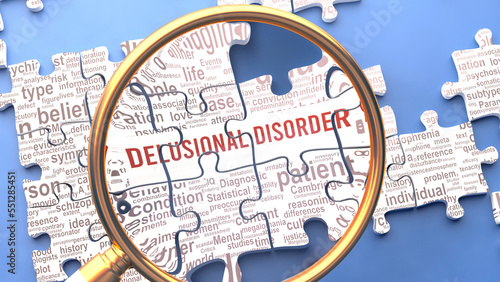 Delusional disorder as a complex topic under close inspection. Complexity shown as puzzle pieces with dozens of ideas and concepts correlated to Delusional disorder,3d illustration photo
