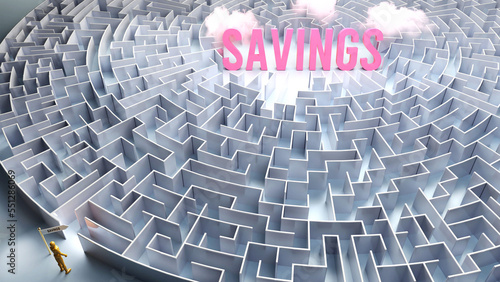 Savings and a difficult path, confusion and frustration in seeking it, hard journey that leads to Savings,3d illustration