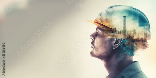 Future building construction engineering project devotion with double exposure graphic design. Building engineer, architect people or construction worker working with modern civil equipment technology photo