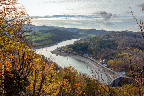 Top view from the mountain in autumn on the lake Diemelsee, Sauerland region, what is striking is the extremely low water level, country Germany