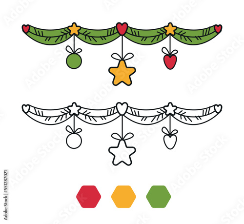 Coloring book for children, Christmas children game, Christmas garland with toys
