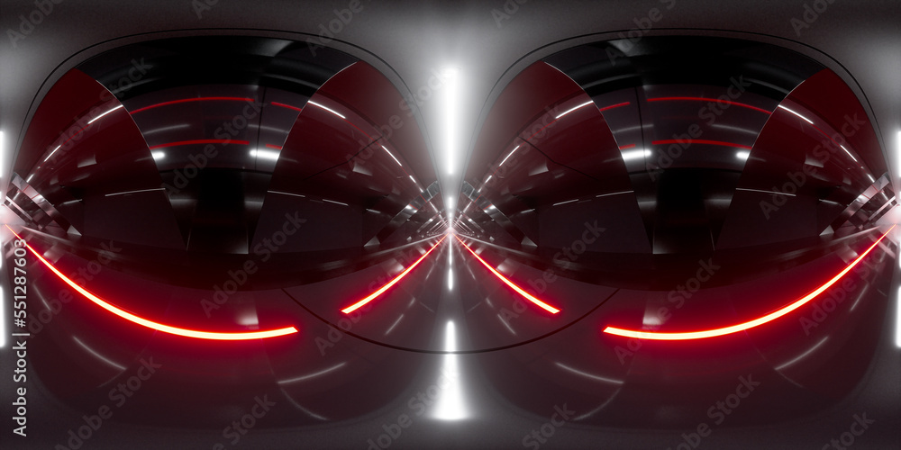 Obraz premium Dark tunnel with glowing light illuminated, 3d rendering. 360-degree seamless panoramic view.