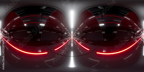 Dark tunnel with glowing light illuminated, 3d rendering. 360-degree seamless panoramic view.