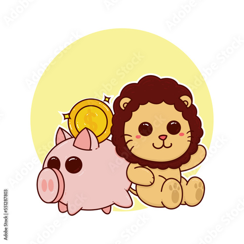happy cute lion piggy bank money adorable cartoon doodle