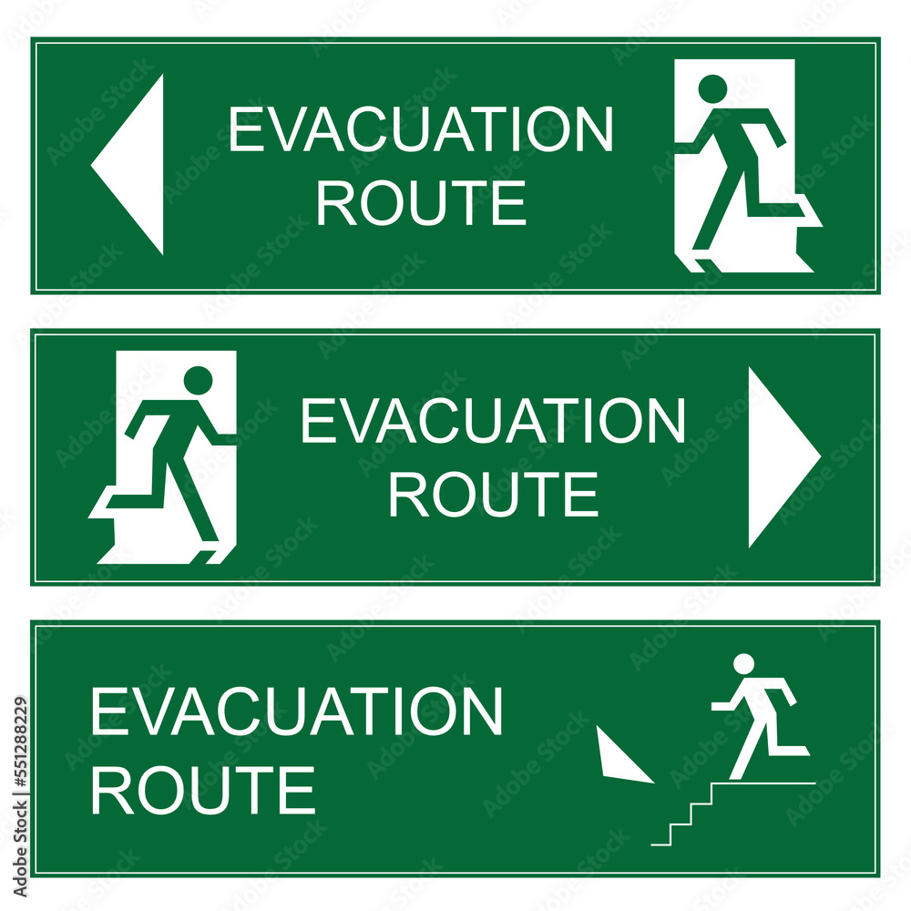 Set evacuation route signs, vector evacuation route, evacuation route sign Set evacuation route signs, vector evacuation route, evacuation route sign