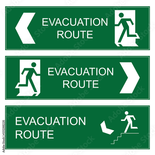 Set evacuation route signs, vector evacuation route, evacuation route sign