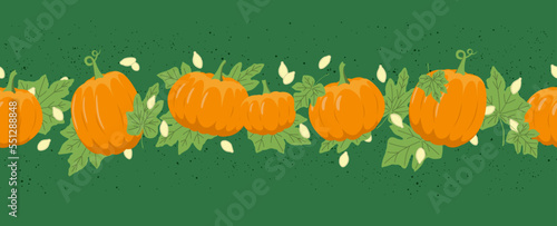 autumn pumpkin seamless border with leaves and seeds on green background. Flat, vector