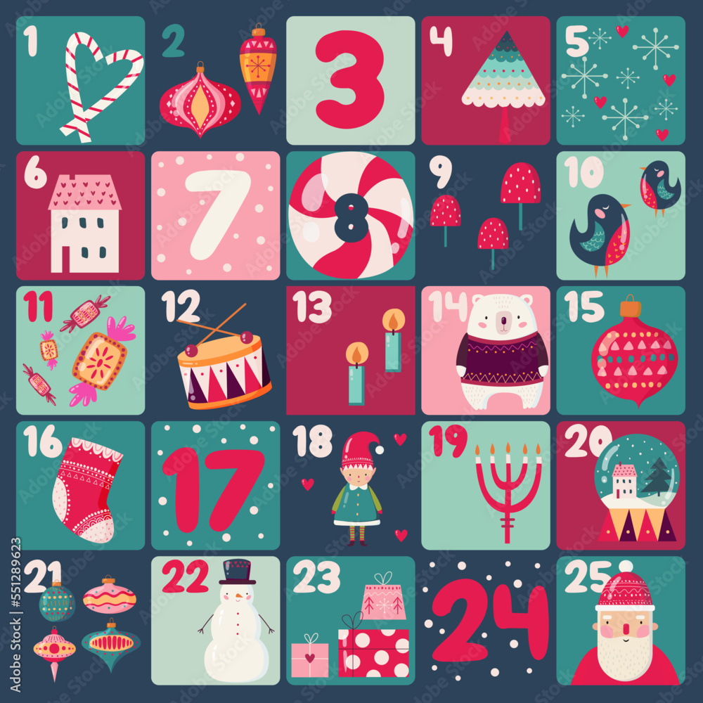Colorful Christmas advent calendar with cute stuff