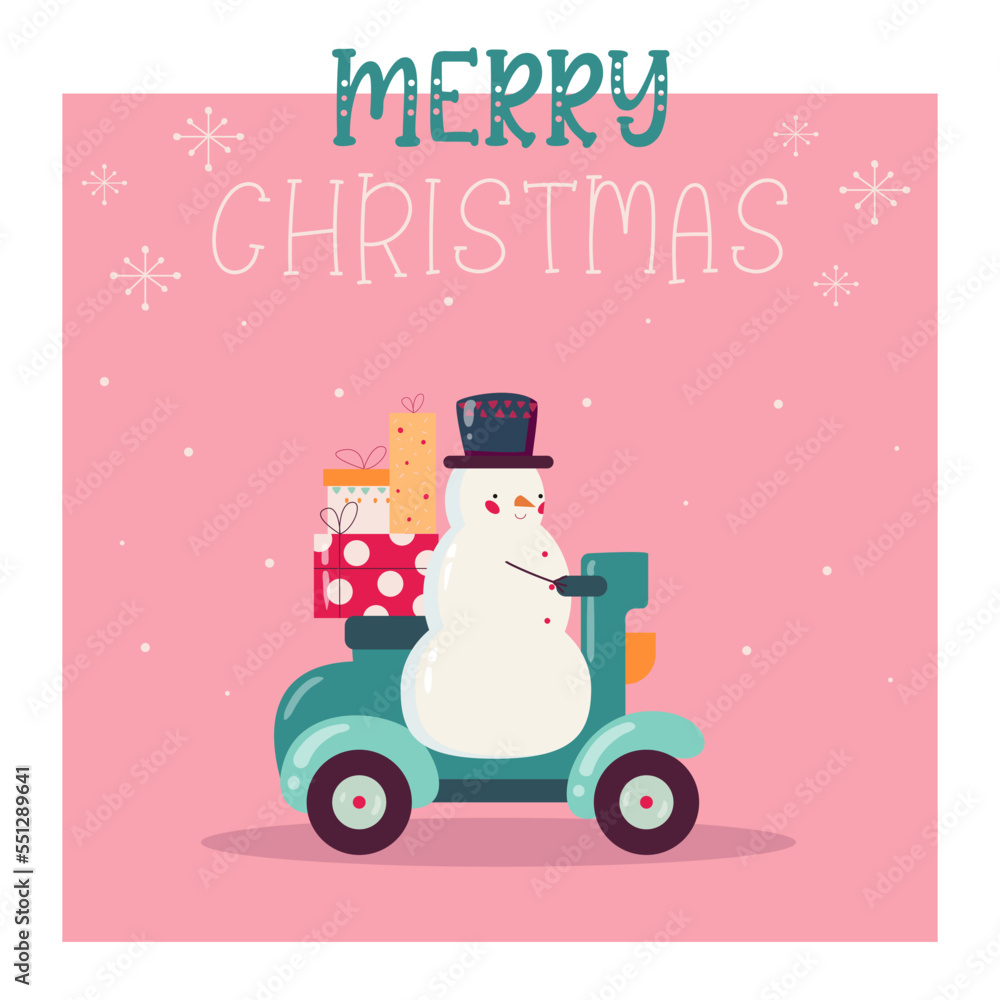 Merry christmas card. snowman riding a moped with gifts, pink background Merry christmas card. snowman riding a moped with gifts, pink background