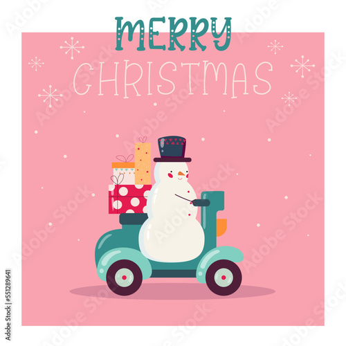 Merry christmas card. snowman riding a moped with gifts  pink background