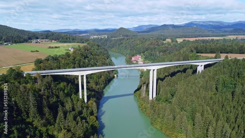 Aerial view of the Jauntal road bridge over the river Drau in Carinthia in Austria photo