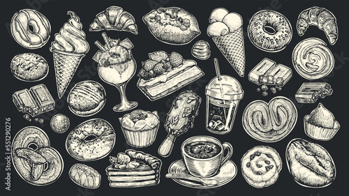 Food and Drink chalk drawn set on black board. Collection sketches for restaurant or cafe menu. Sweet dessert concept