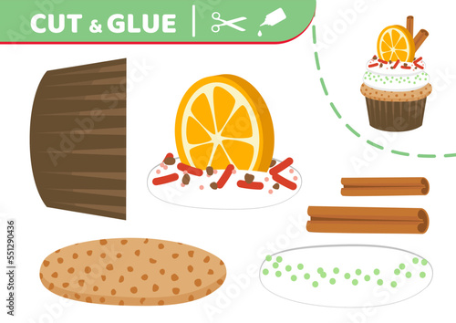 Cupcake. Christmas dessert. Cut and glue. Application work. Paper game. Vector