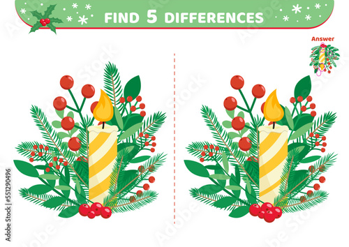 Candle. Christmas. Find 5 differences. Game. Flat, cartoon, vector