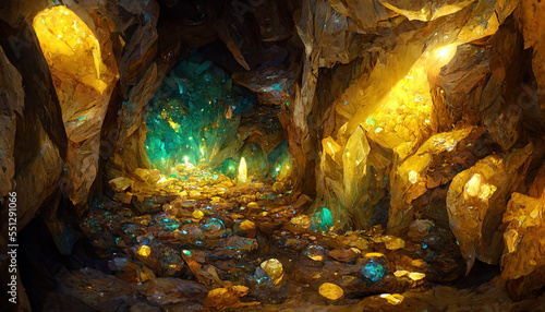Fotografia Fantasy setting gold mine tunnel with glittering gold, colorful jewels, and other minerals