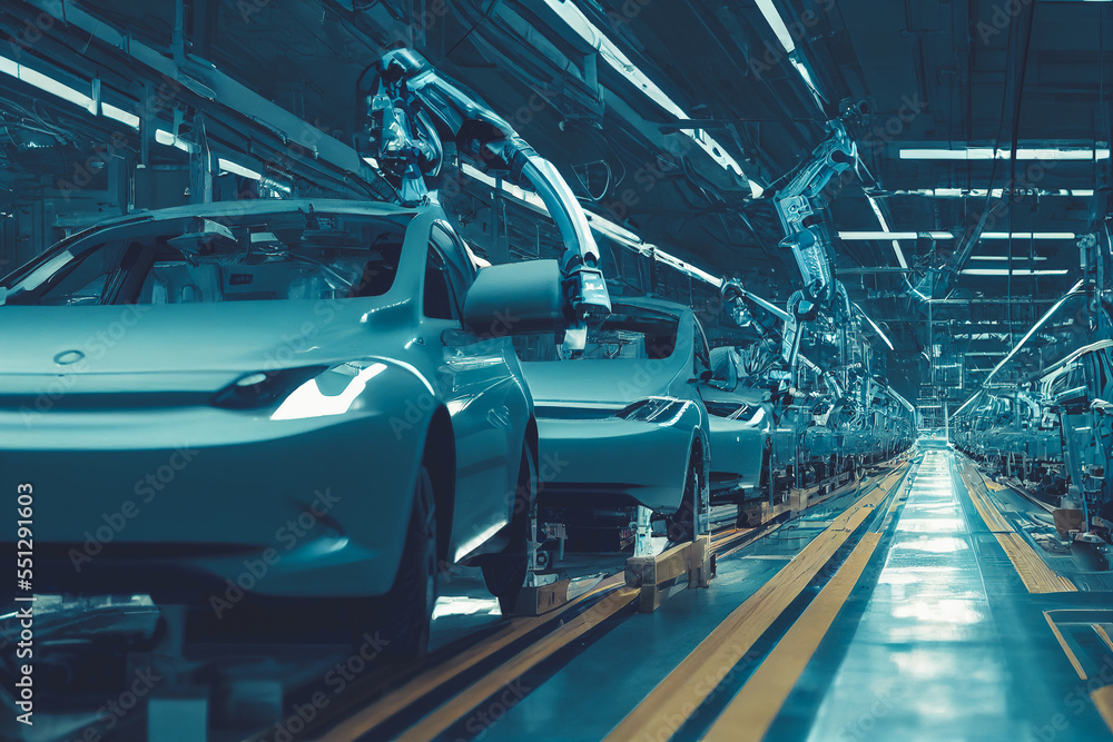 Splendid AI generated image of automotive industry with assembly line
