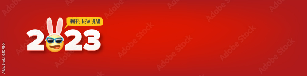 2023 Happy new year horizontal banner with funny smile face with rabbit ears and sunglasses isolated on red background. 2023 new year banner, poster, flyer, cover with funny cute rabbit 2023 Happy new year horizontal banner with funny smile face with rabbit ears and sunglasses isolated on red background. 2023 new year banner, poster, flyer, cover with funny cute rabbit