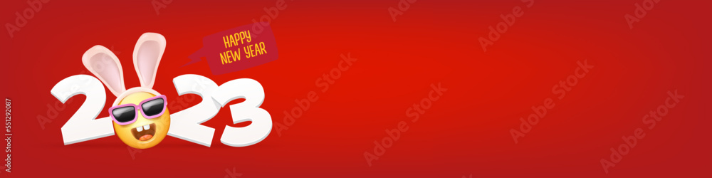 2023 Happy new year horizontal banner with funny smile face with rabbit ears and sunglasses isolated on red background. 2023 new year banner, poster, flyer, cover with funny cute rabbit